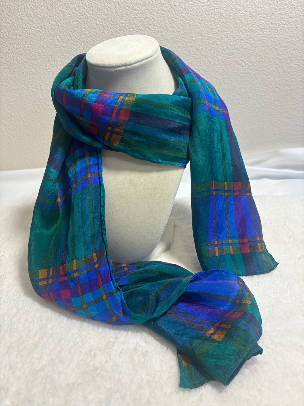 Vintage Jewel Tone Plaid Raw Silk Scarf Emerald Green Royal Blue‎ Tartan Wrap